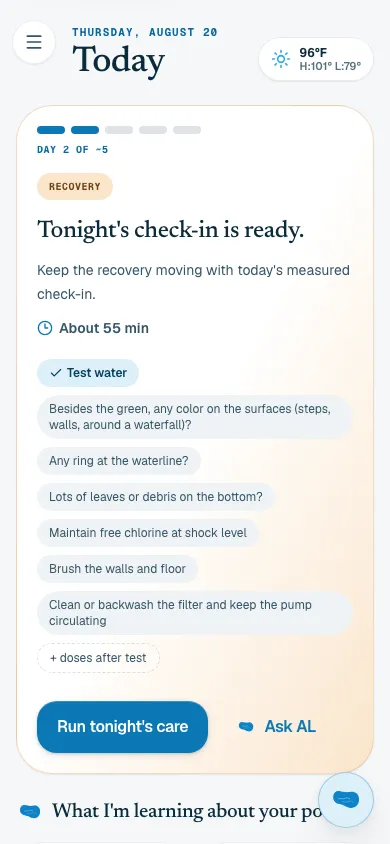 Azoolify's Recovery screen showing a day-two check-in, measured water test, recovery tasks, and an Ask AL action.
